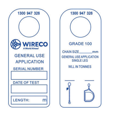 WIRECO G100 CHAIN SLING WLL SAFETY TAG
